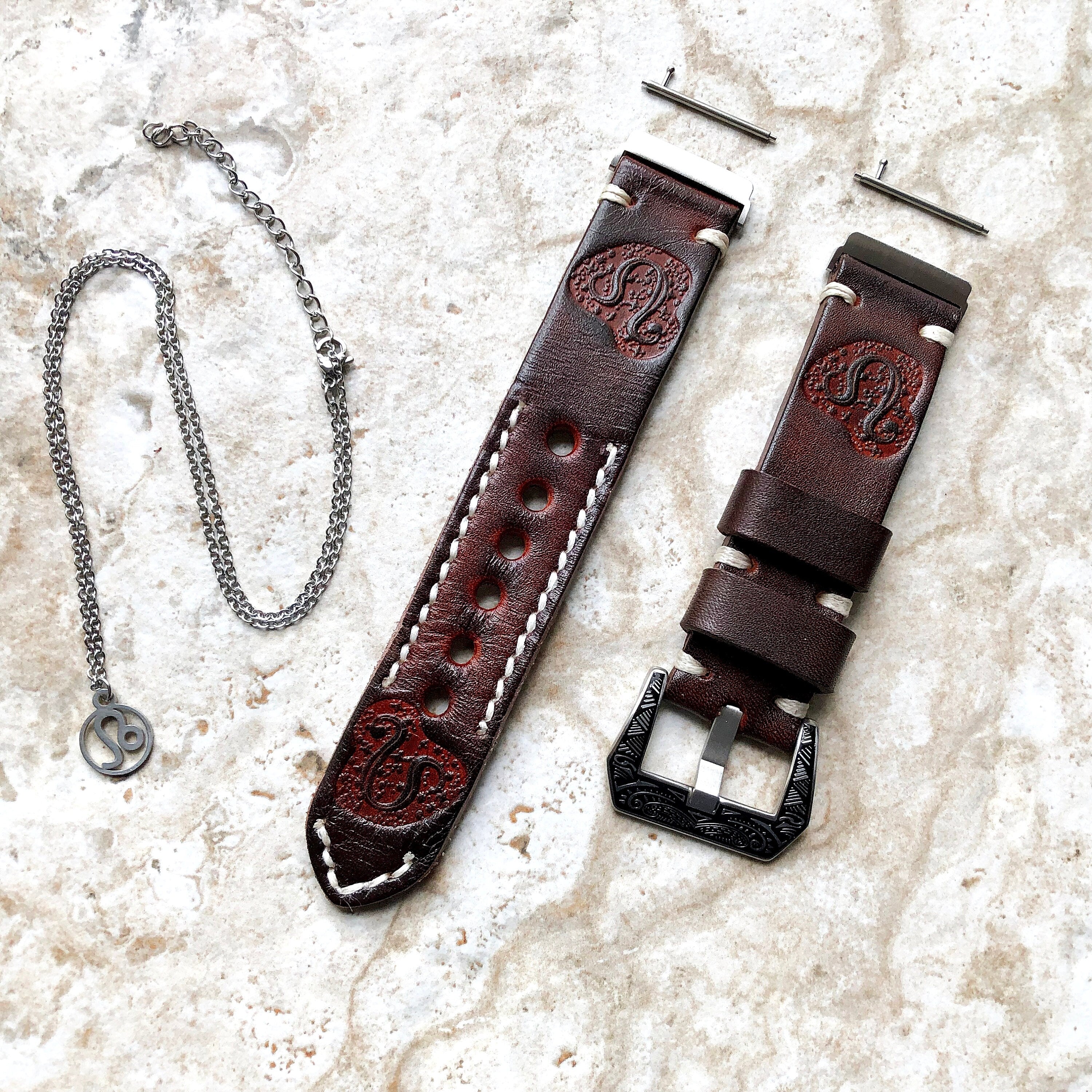 Fitbit Versa 2 3 4 Sense 2 Leo Zodiac Set Band Strap Brown Tooled Embossed Leather in Silver Rose Gold Black and 25" Pendants Necklace